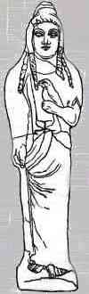 Tekening naar een oud beeld van Aphrodite. De godin met haar duif. De stijl heeft Fenicische kenmerken.