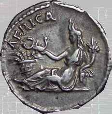 Romeinse denarius, tweede eeuw. Africa is afgebeeld met de hoorn des overvloeds, een mand met graan en een schorpioen
