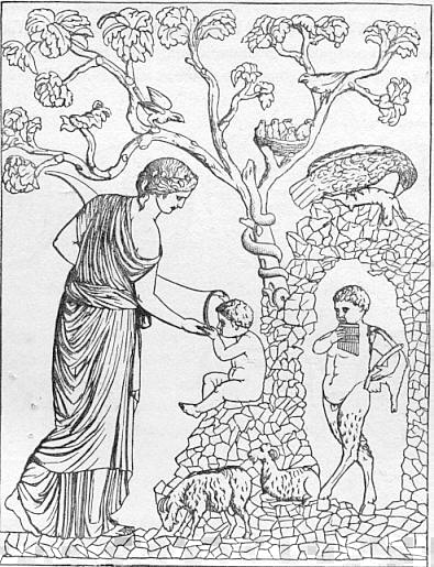 Een nimf voedt Zeus uit de hoorn des overvloeds, aan de voet van een eikeboom. Tekening naar een Romeins relif uit het jaar 130, Museum van het Vaticaan. 