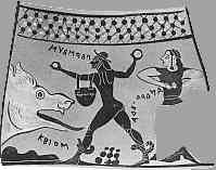 Perseus verslaat het zeemonster Keto. In zijn armen draagt hij de tas met het hoofd van Meduso, Ceto