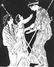 Gaia geeft het kind Erechthonios aan Athene, die het grootbrengt. Vaasschildering van de Codrus-schilder, ca. -420.