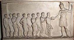 Relif uit Piraeus, van ca. 350 v.oj. Bendis en haar vereerders