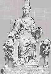 Cybele op haar troon, tussen twee leeuwen, met haar trommel in de hand en een toren als kroon. Rome, ca. 2e eeuw AD