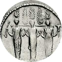 cultbeeld van drievoudige Diana Nemorensis, die een baar ondersteunen waarop vijf cypressen worden gedragen