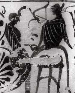 Python en Delphische Apollo op omphalos op lekythos van 6e eeuw v.o.j. Python is afgebeeld als Echidna, met een vrouwenhoofd en borsten