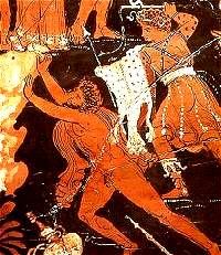 De Eurinyen ranselen in de onderwereld de koning Sisyphos.