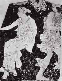 Perseus verlaat de Graiai. Hij draagt al de gevleugelde sandalen en de kap van Hades