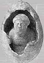 Helena kruipt uit haar ei, helemaal alleen. Wit kalkstenen beeldje met sporen van rode verf, uit de vijfde eeuw. Moeders mooiste is ze nog niet, vind ik eerlijk gezegd.