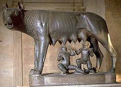 Lupa, de wolf, voedt Romulus en Remus