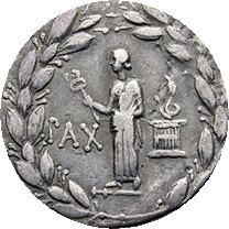 Munt van Augustus, met Pax binnen een laurierkrans. Ze draagt een caduceus en hoorn des overvloeds. Ze staat voor een cista mystica met een slang