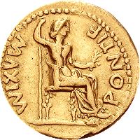 Munt van de keizer Tiberius met op de achterzijde Livia als Pax