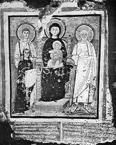 Afb. 9. Madonna met de gestorven matrone Turtura en S. S. Felix en Adauctus. Fresc, gedateerd 528. rome, Comodillacatacombe.