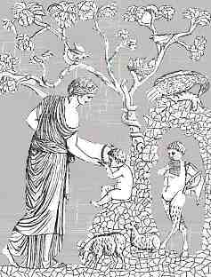 Nimf voedt Zeus, aan de voet van een eikeboom. Een slang kronkelt om de stam, duiven bouwen hun nest in de takken. Klik voor een grotere afbeelding.