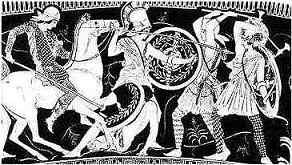 Amazones te paard en te voet in gevecht met Grieken. Ze zijn gewapend met schild, speer en labrys (de dubbele bijl, die later een kenmerk van Zeus zou worden). Klik voor een grote afbeelding, 67 Kb. Duurt wel een momentje, hoor!