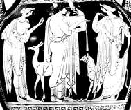 Artemis met hinde, haar tweelingbroer Apollo, en haar moeder Leto met een panter
