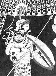 Vaas uit ca. 525: Athene met swastika's op haar jurk, slangen, gorgonenmasker, schild en speer.