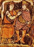 Dido en Aeneas in de grot, waar zij hun huwelijk sluiten. Fragment van een miniatuur uit het manuscript van Vergilius Vaticanus, uit de Biblioteca Apostolica Vaticana, dat waarschijnlijk dateert uit de vierde of vijfde eeuw.