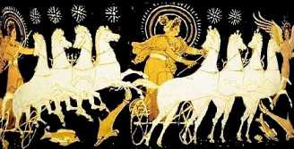 Eosphoros leidt Eos met haar vierspan langs de hemel. In hun kielzog Helios met de zonnewagen. Krater, vierde eeuw.