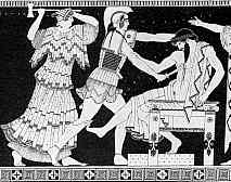 Clytemnestra wil Orestes doden met de dubbele bijl, terwijl deze haar echtgenoot Aegistus doodt. Klik voor een grotere afbeelding.