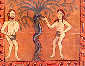 Adam en Eva in de Hof van Eden, bij de boom. De slang kronkelt om de stam. Twaalfde-eeuwse Spaanse afbeeling.