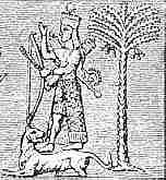 Klik voor grote afbeelding. Isjtar met pijl en boog, het teken van Sirius. Ze staat op een leeuw, onder haar dadelpalm. Sirius en het sterrenbeeld leeuw kondigen de komst van het droge zomerseizoen aan. Babylonische cylinder.