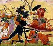 Met haar tong vangt de zwarte godin het bloed op van de demoon Raktabija.