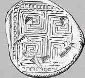Labyrint als heilige weg, op de achterzijde van een munt waarop aan de voorzijde de Minotaurus is afgebeeld; een dergelijk labyrint komt ook nog voor in kathedralen