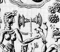 De labrys heeft op een Myceense zegel een rol in de mythische tuin waarin zich de levensboom bevindt. Voornamelijk vrouwen spelen een rol in de rituelen. Klik voor de volledige afbeelding.