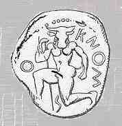 Minotaurus, afbeelding op een munt van Knossos. De Minotaurus is hier een man met een stierenmasker op.