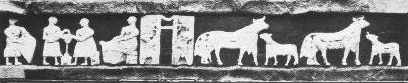 Fries van Ninhursags tempel van al-'Ubaid. Rechts worden koeien gemolken, links karnen vrouwen de melk tot boter. Het fries dateert van 2500 v.o.j.