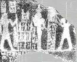 Relif van de Horustempel te Hiraconpolis, 2720 v.o.j. Sesjat en de farao slaan paaltjes in de grond als voorbereiding voor de bouw van de tempel.