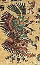 Klik voor een grote afbeelding. Xochiquetzal in de Codex Borbonicus, een Azteekse kalender uit het begin van de 16e eeuw. De woorden van haar vreugdegezang komen in de vorm van bloemen uit haar mond.