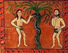 Adam en Eva in de Hof van Eden, bij de boom. De slang kronkelt om de stam. Twaalfde-eeuwse Spaanse afbeeling.