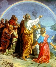 Gods regenboog na de zondvloed - in werkelijkheid zijn regenboog en vloed niet door goden veroorzaakt, maar verklaarbare natuurverschijnselen.