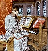 Thomas a Kempis bestudeert de bijbel uit de context. Miniatuur uit De Imitatione Christi.